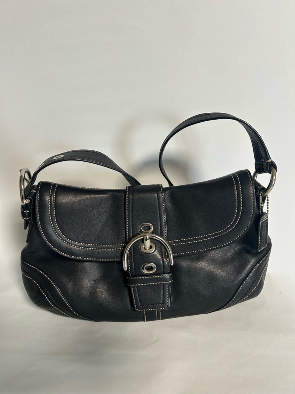 Coach Black Leather Shoulder Bag with White Contrast Stitching